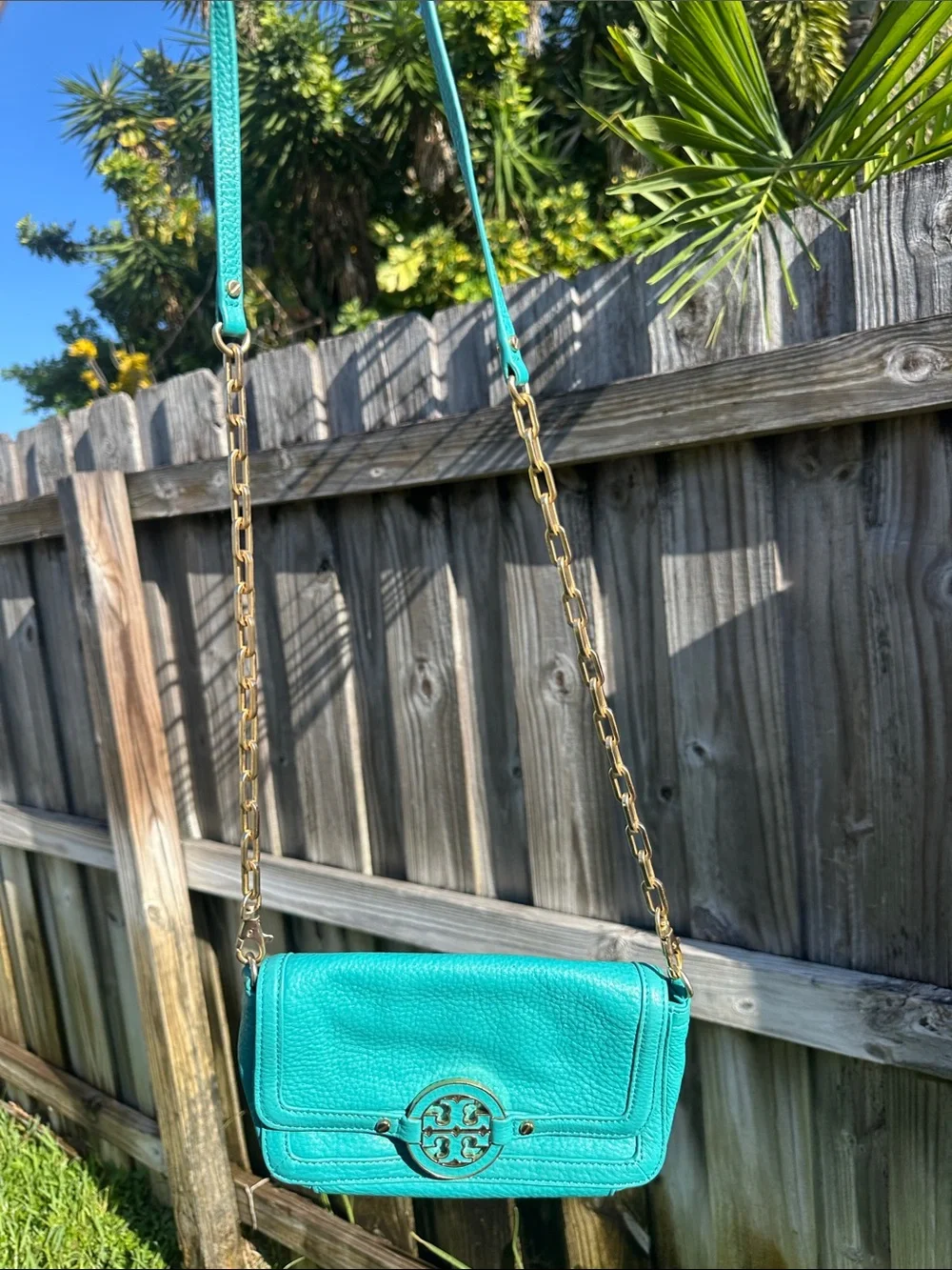 Tory Burch Turquoise Leather Crossbody with Gold Chain